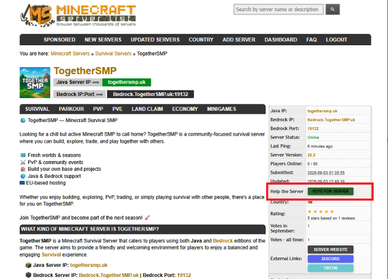 TogetherSMP page on the Minecraft server list